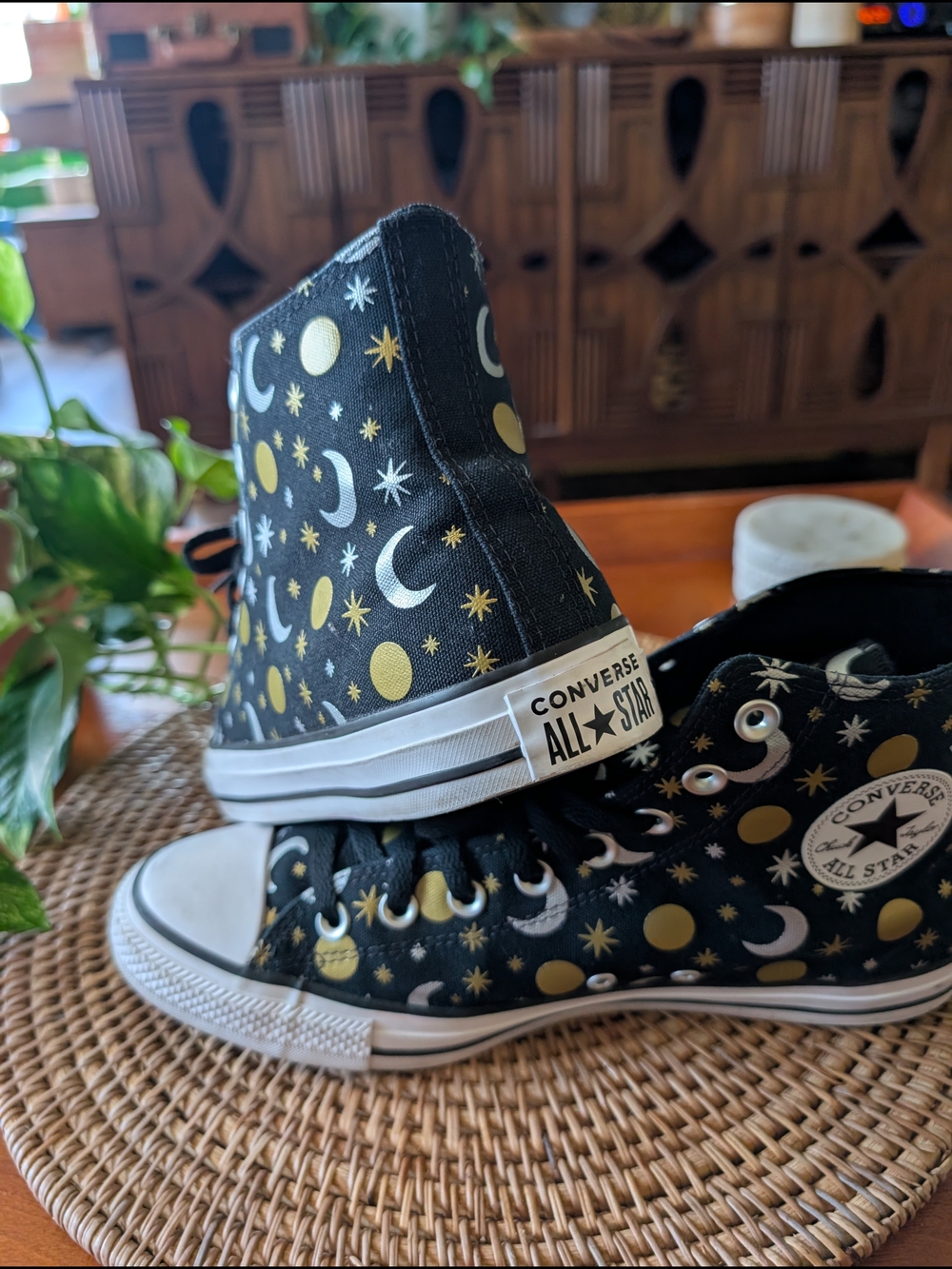 Converse Black High-Top Sneakers with Gold & White Moon Print